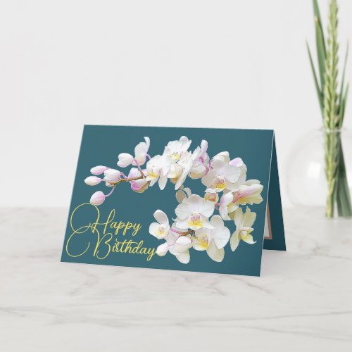 Pretty White Orchids Aqua Backdrop Happy Birthday Card