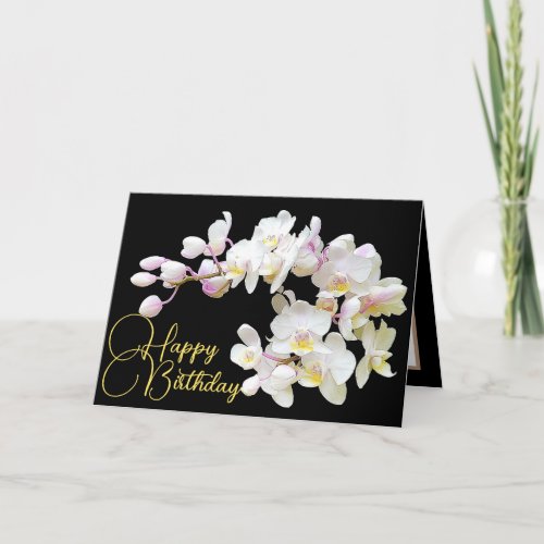 Pretty White Orchids Black Backdrop Happy Birthday Card