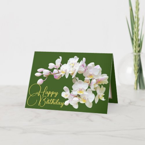 Pretty White Orchids Green Backdrop Happy Birthday Card