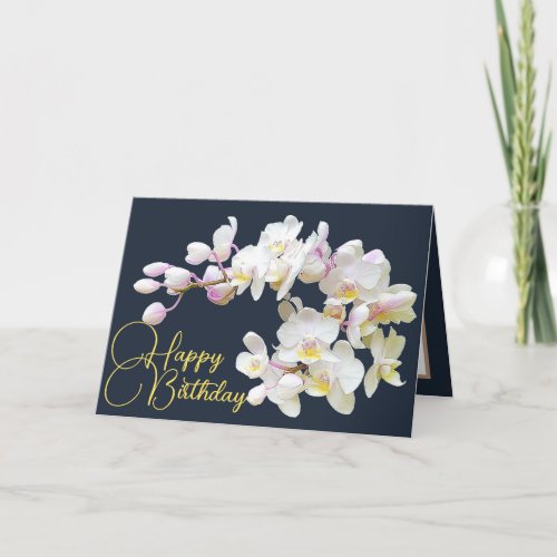 Pretty White Orchids Navy Backdrop Happy Birthday Card