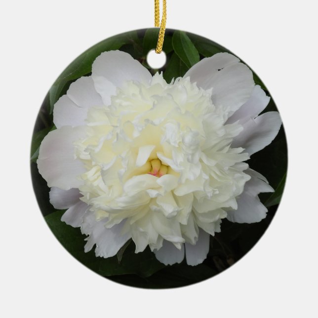 Pretty White Peonies Floral Christmas Ceramic Ornament (Front)