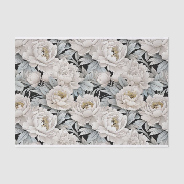 Pretty White Peonies Illustration Light Background Tissue Paper (Front)