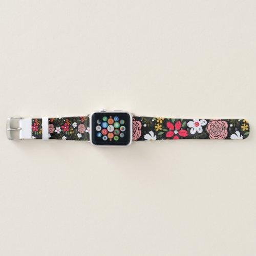 Pretty White Pink Floral Black Brush Strokes Apple Watch Band