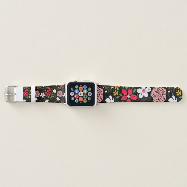 Pretty White Pink Floral Black Brush Strokes Apple Watch Band (Front)