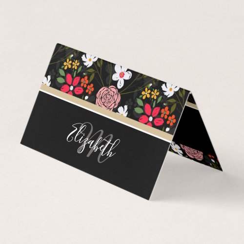 Pretty White Pink Floral Black Brush Strokes Business Card