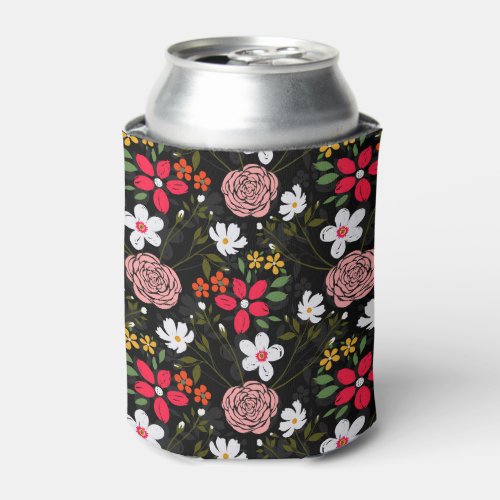 Pretty White Pink Floral Black Brush Strokes Can Cooler