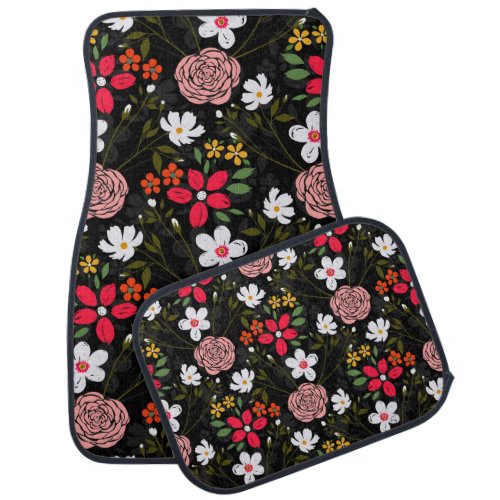 Pretty White Pink Floral Black Brush Strokes Car Floor Mat