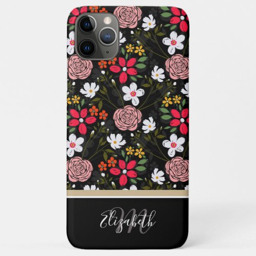 Pretty White Pink Floral Black Brush Strokes iPhone 11 Pro Max Case