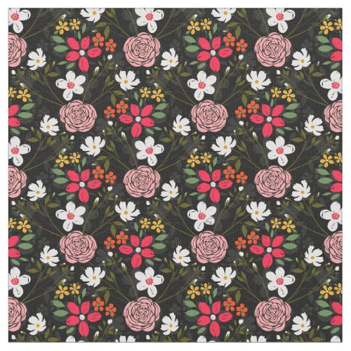 Pretty White Pink Floral Black Brush Strokes Fabric