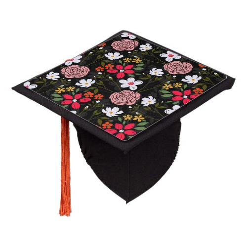 Pretty White Pink Floral Black Brush Strokes Graduation Cap Topper