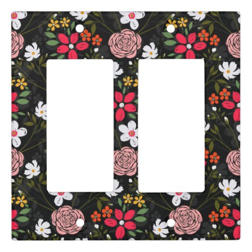 Pretty White Pink Floral Black Brush Strokes Light Switch Cover