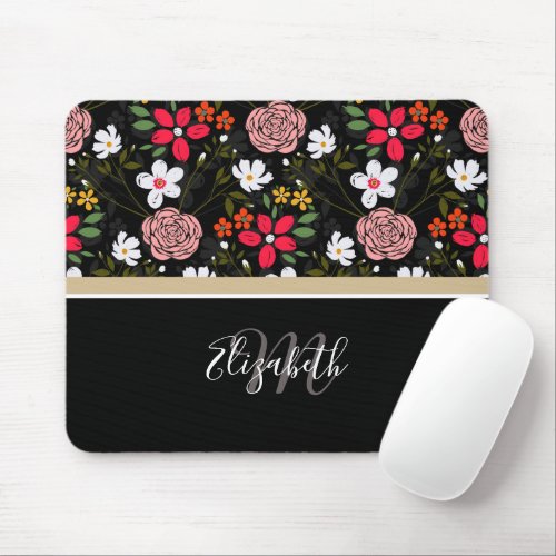 Pretty White Pink Floral Black Brush Strokes Mouse Pad