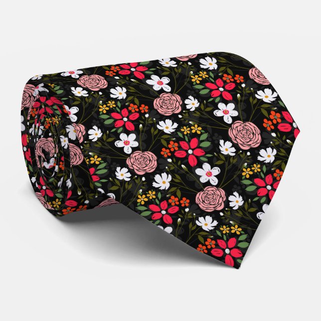 Pretty White Pink Floral Black Brush Strokes Neck Tie (Rolled)