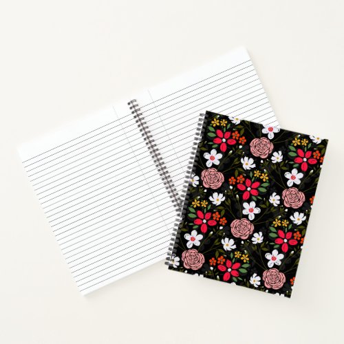 Pretty White Pink Floral Black Brush Strokes Notebook