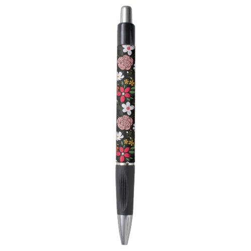 Pretty White Pink Floral Black Brush Strokes Pen