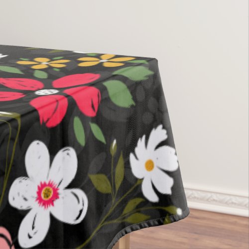 Pretty White Pink Floral Black Brush Strokes Tablecloth