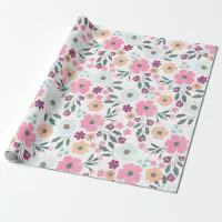 Pink flowers Botanical White Design Wrapping Paper by NdesignTrend