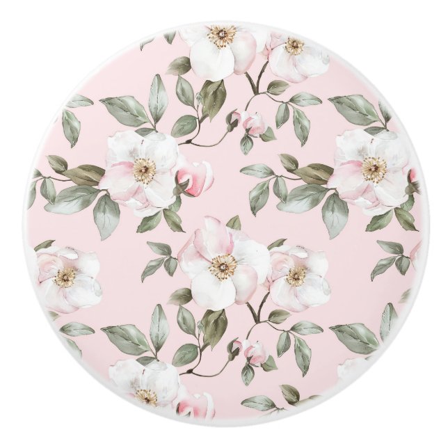 Pretty White Pink Flowers Ceramic Knob (Front)