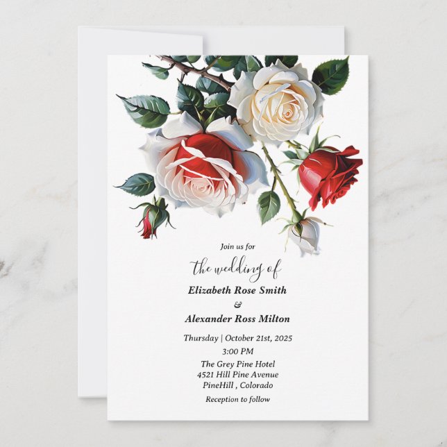 Pretty white pink red roses floral wedding invitation (Front)