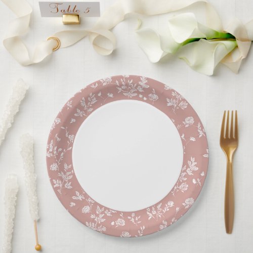 Pretty White Pink Rose Flower Bridal Shower Paper Plates
