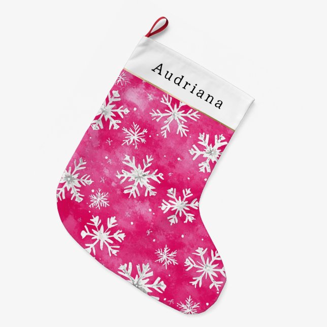 Pretty White Pink Silver Snowflakes Christmas Large Christmas Stocking (Front (Hanging))