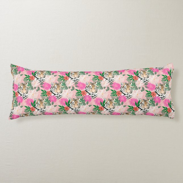 Pretty White Pink Tiger Floral Painting Body Pillow (Front)