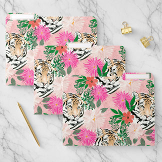 Pretty White Pink Tiger Floral Painting File Folder