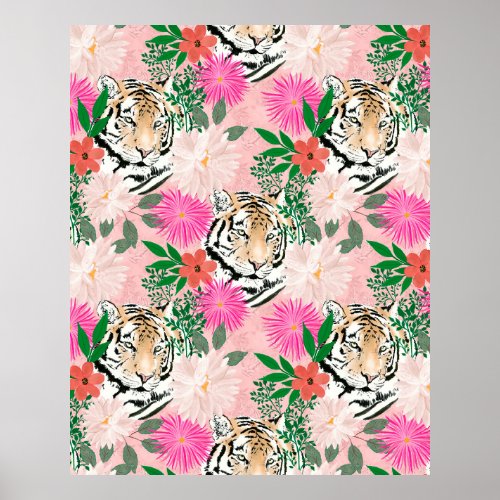 Pretty White Pink Tiger Floral Painting Poster