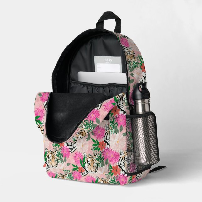 Pretty White Pink Tiger Floral Painting Printed Backpack (Back Corner Right (Open))