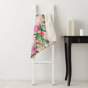 Pretty White Pink Tiger Floral Painting Sherpa Blanket