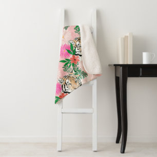 Pretty White Pink Tiger Floral Painting Sherpa Blanket