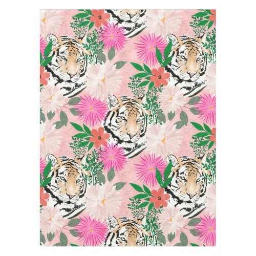 Pretty White Pink Tiger Floral Painting Tablecloth