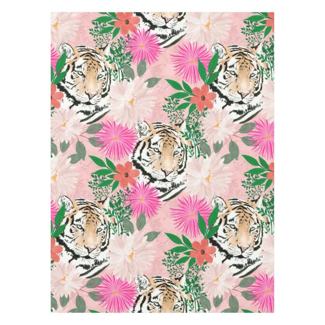 Pretty White Pink Tiger Floral Painting Tablecloth (Front)