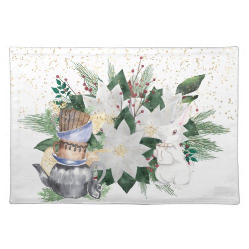 Pretty White Poinsettia Rabbit Christmas Cloth Placemat