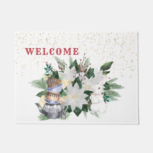 Pretty White Poinsettia Rabbit Christmas Doormat