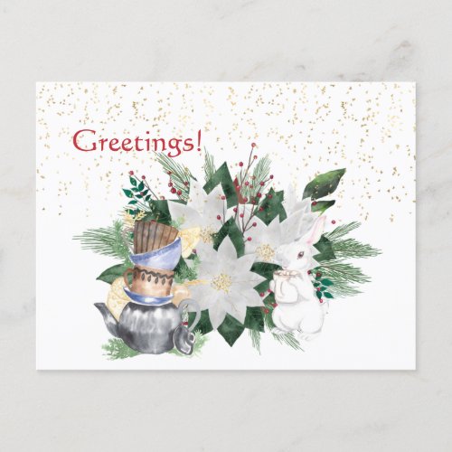 Pretty White Poinsettia Rabbit Christmas Postcard