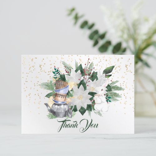 Pretty White Poinsettia Rabbit Christmas Thank You Card