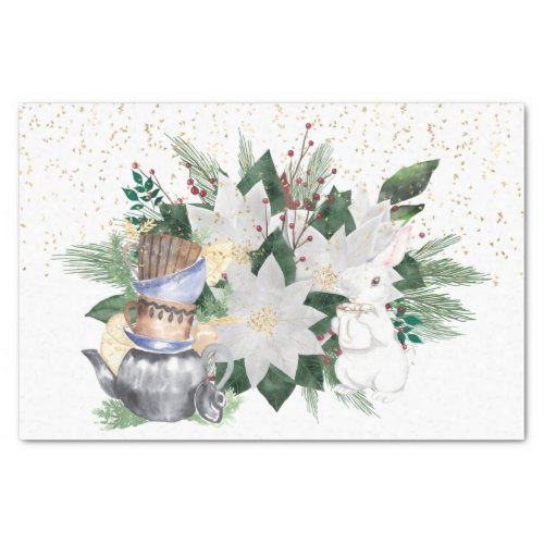 Pretty White Poinsettia Rabbit Christmas Tissue Paper