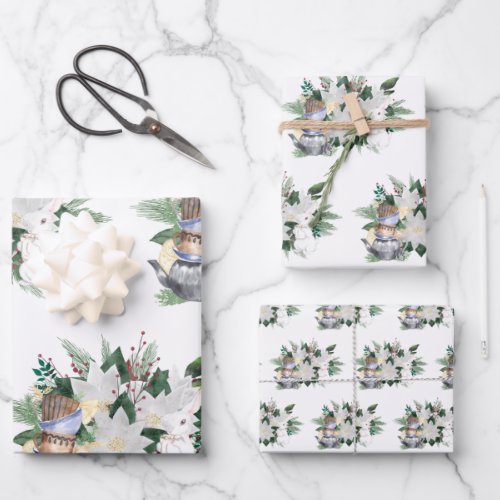 Pretty White Poinsettia Rabbit Christmas Wrapping Paper Sheets