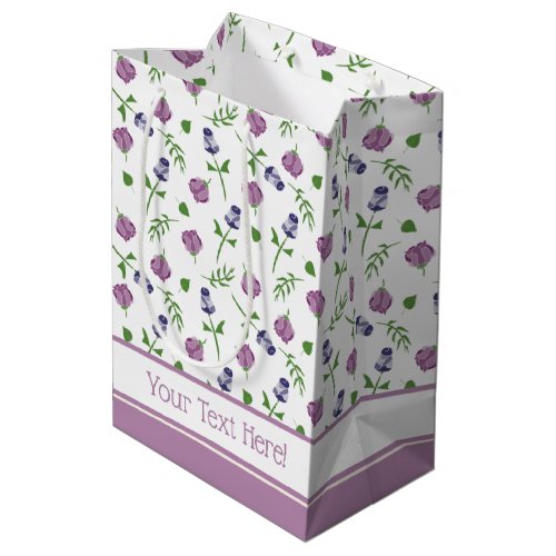 Pretty White Purple Pink Rose Rosebud Floral Print Medium Gift Bag