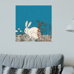 Pretty White Rabbit sitting in Flowers on Blue Poster