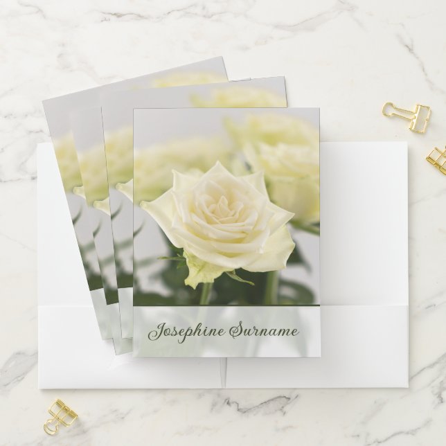 Pretty White Rose Flowers Photo And Custom Name Pocket Folder (In Situ)