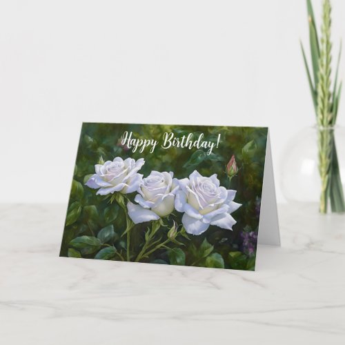Pretty White Roses Art Birthday Card