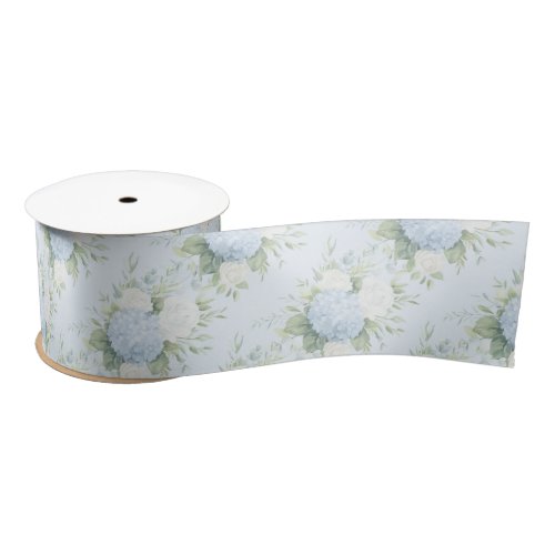 Pretty White Roses Blue Hyndrangea Flowers Satin Ribbon