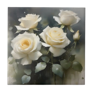 Pretty white roses garden watercolor painting ceramic tile