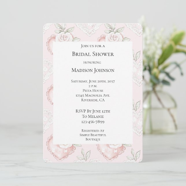 Pretty White Roses Lace Hearts Bridal Shower Invitation (Standing Front)