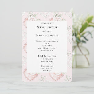 Pretty White Roses Lace Hearts Bridal Shower Invitation