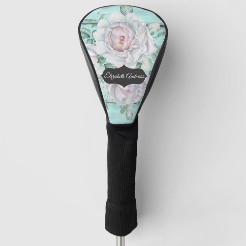 Pretty White Roses On Aqua Faux Wood Personalized Golf Head Cover