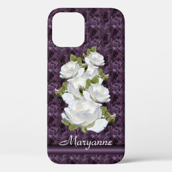 Pretty White Roses On Purple Stone Pattern Iphone 12 Case by anuradesignstudio at Zazzle