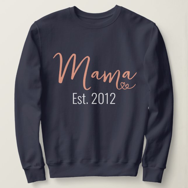 Pretty White Script Mama Est Year With Two Hearts Sweatshirt (Design Front)
